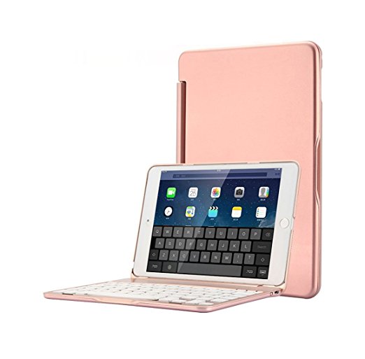 iPad Mini 4 Case With Keyboard, Bluetooth Wireless Keyboard Folio Cover for iPad Mini 4 Tablet with 130 Degree Rotation 7 Colors Backlit Aluminum Body Auto Wake Sleep (Rose Gold)