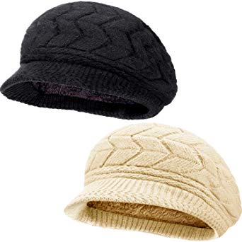 SATINIOR 2 Pieces Women Winter Beret Hats Warm Knit Caps Snow Ski Hats with Visor