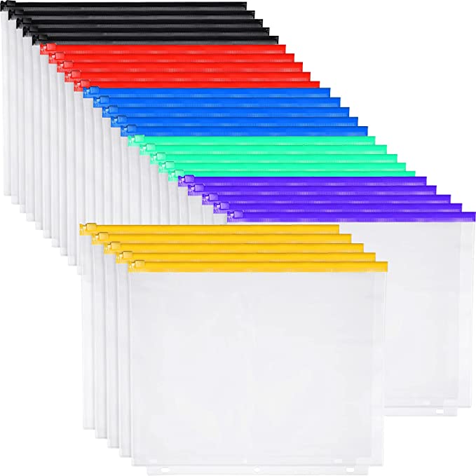 30 Pieces A4 Binder Pockets 3 Holes Binder Folders Binder Pouch Folders 3-Ring Binder Loose Leaf Bags Waterproof PVC Document Filing Bags (Black, Blue, Red, Green, Purple, Yellow)