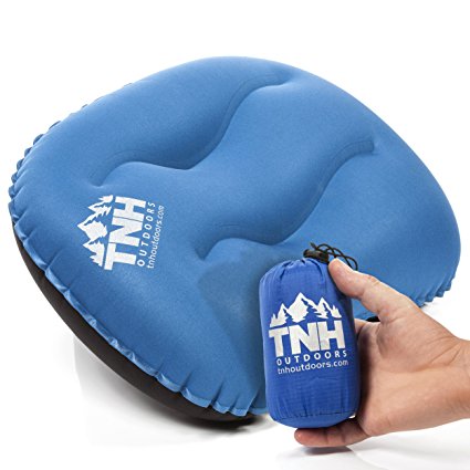 Inflatable Camping Pillow By TNH Outdoors - Compressible Air Inflating Pillow for Outdoor Travel Hiking & Backpacking Use with Small Stuff Bag - Ergonomic Microfiber Design for Head and Neck Support