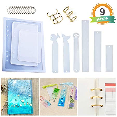 Resin Casting Molds for Notebook Cover A5 A6 A7, Silicone Bookmark Resin Mold 6PCS, Silicone Notebook Cover Clear Casting Epoxy Resin Molds with 14PCS Book Rings for Epoxy Resin Jewelry DIY Fans