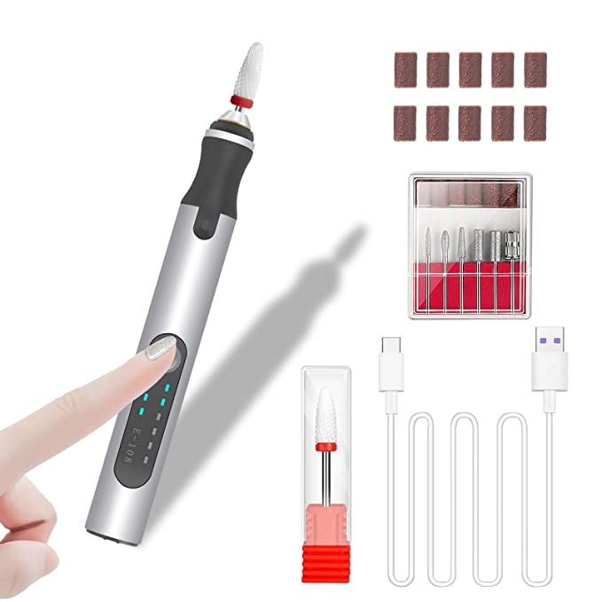 Electric Nail Drill, Cordless Aryclic Nail File Machine for Manicure Pedicure Professional Salon Nail Tool Kit with Metal & Ceramic Drill Bits - Silver