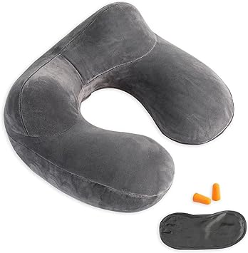 Inflatable Travel Pillow, Neck Pillow Support for Traveling, Airplanes, Cars, and Offices with Compact Carrying Bag, Soft Velvet Washable Cover, Ideal for Adult Sleepers (Grey)