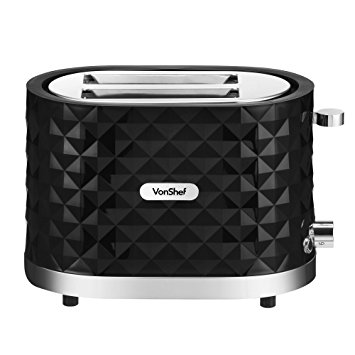 VonShef 1000W Black 2 Slice Diamond Wide Slot Toaster with Anti-Jam Function & Slide Out Crumb Tray