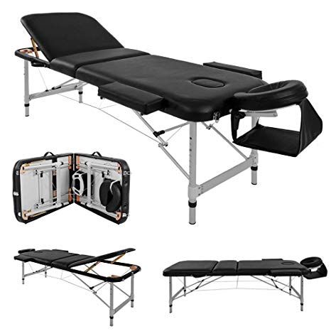 Massage Table Couch Bed Aluminium Deluxe Lightweight Professional Beauty Tattoo Spa Reiki Portable Folded 3 Section with Premium PU Leather and 5 cm High Density Multi-Layer Foam Headrest Arm support and Carrying Bag Black (213cm/15kg/Load Capacity 250 kg)