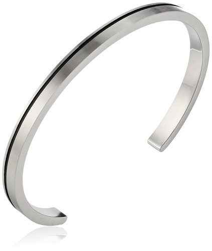 Women's Stainless Steel with Black-Plated Groove Cuff Bracelet
