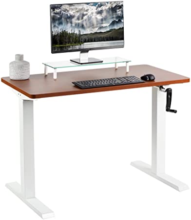 VIVO Manual 43” x 24” Stand Up Desk | Dark Walnut Table Top, White Frame, Height Adjustable Standing Workstation with Foldable Handle (DESK-KIT-MW4D)