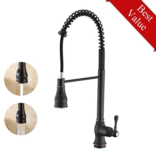 GICASA High Arch Oil Rubbed Bronze Single Handle Pull Out Sprayer Kitchen Sink Faucet, Commercial Style Bronze Pull Down Spring Kitchen Faucets