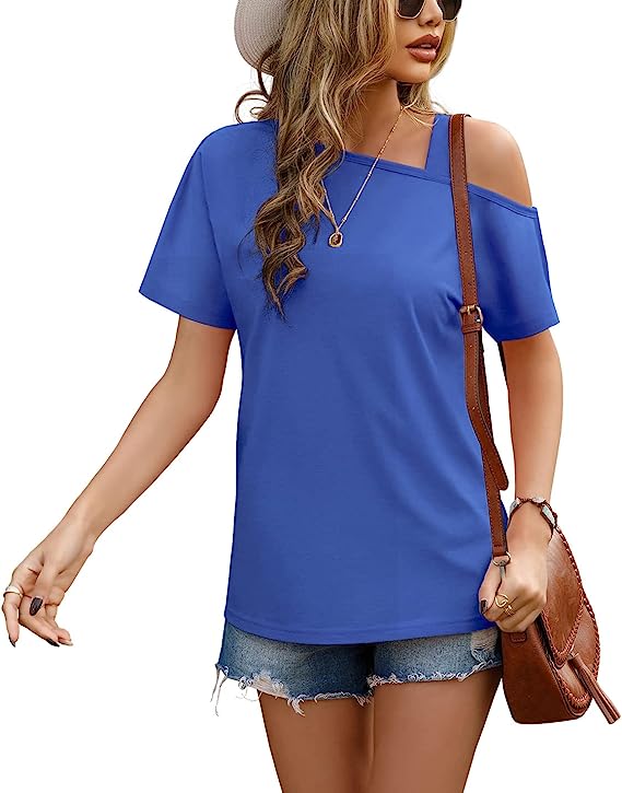 JINKESI Women's Short Sleeve Tunic Tops Casual Summer Cold Shoulder Blouse Shirts