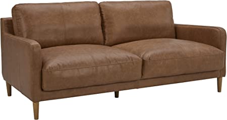 Amazon Brand – Rivet Modern Deep Leather Sofa Couch with Wood Feet, 72"W, Cognac