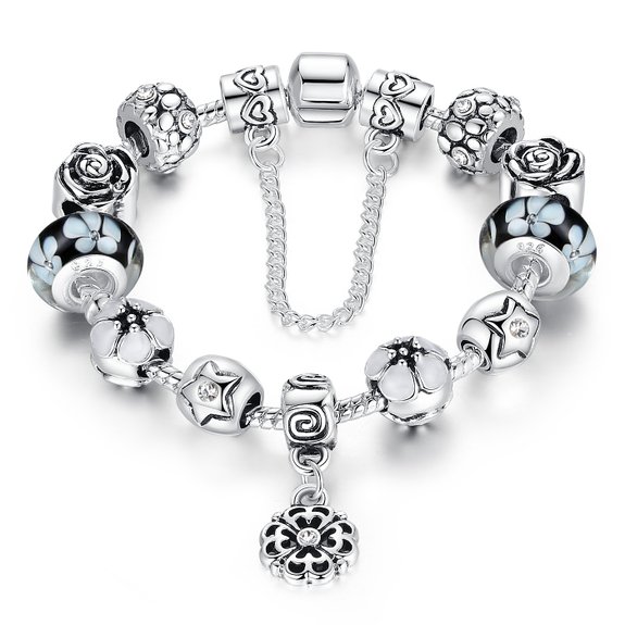 Presentski Love Safe Chain Silver Plated Charm Bracelet with Pink Cubic Zirconia and Flower Beads