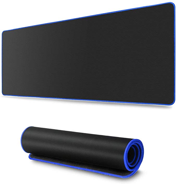 Thick Extended Edition Cloth Gaming Mouse Mat with Non-Slip Rubber Base and Blue Edge, 23.6x11.8x0.08-Inch
