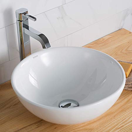 Kraus C-KCV-141-1007CH White Round Ceramic Sink and Ramus Faucet Chrome