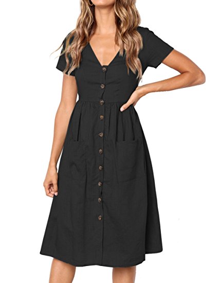 MEROKEETY Women's Summer Short Sleeve V Neck Button Down Swing Midi Dress with Pockets