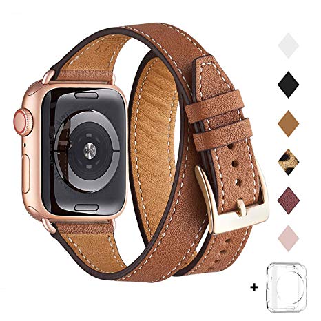 Bestig Band Compatible for Apple Watch 38mm 40mm 42mm 44mm, Genuine Leather Double Tour Designed Slim Replacement iwatch Strap for iWatch Series 4/3/2/1 (Brown Band Rose Gold Adapter, 38mm 40mm)