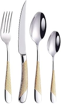 24 Pieces 18/10 Stainless Steel Cutlery Set for 6 People, Silver Plated with Silver Gold Trim, Silverware Set (Color : Gold)