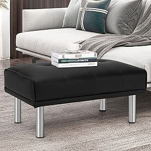 Giantex Tufted Ottoman, Rectangle Footrest Stool with Stainless Steel Legs, Leather Sofa Ottoman with Thickened Seat and Waterproof Surface, Bed End Bench for Living Room, Bedroom, Entryway (Black)