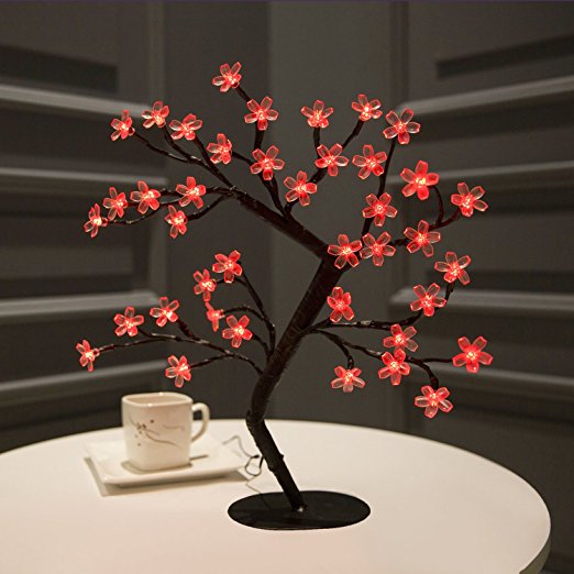 Bolylight LED Cherry Blossom Table Tree Night Lamp, 16.73 Inch 40L - Red