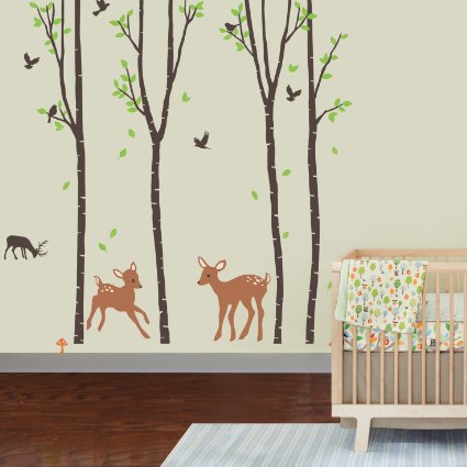 Giant Wall Sticker Decals - Birch Tree Forest with Deers and Flying Birds Baby (trees are 6 feet tall)