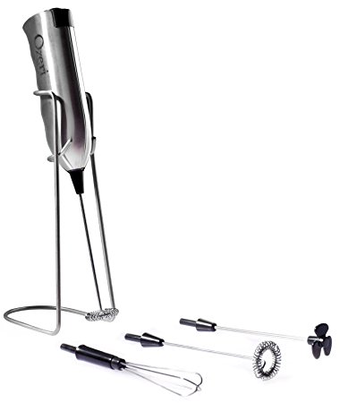 Ozeri Deluxe Milk Frother and Whisk in Stainless Steel with Stand and 4 Frothing Attachments, Silver