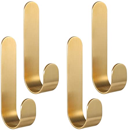 Picowe 4 Pack Brass Hooks, L-Shaped Towel Robe Hook on Wall Door, Self-Adhesive Holders for Hanging Coat Hat for Kitchen Bathroom Bedroom, for Door Wall Decoration, 0.8 x 3.7inch