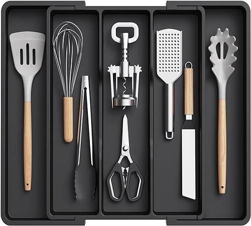 Lifewit Utensil Organizer for Kitchen Drawers, Expandable Cooking Utensil Tray, Adjustable Cutlery Silverware Flatware Holder, Plastic Kitchen Spatula Tools and Gadgets Storage Divider, Large, Black