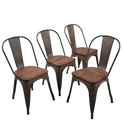 Andeworld Set of 4 Metal dining Chairs Bistro Cafe Side Chairs Gun Metal Chairs (B Wood Top)