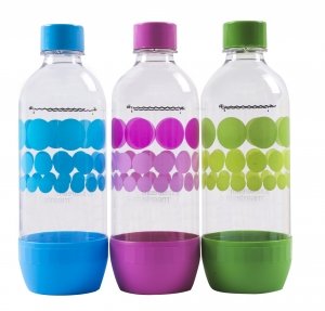 Original Sodastream Carbonating Bottle Three Pack ( blue, pink, green ) 1 Liter / 3.38oz Lasts Up To 3 Years - New Design Launched 2017