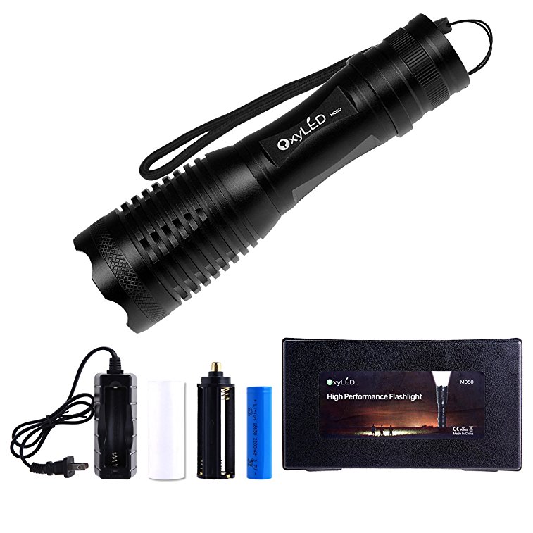 OxyLED OxyWild MD50 Super Bright LED Flashlight Bundle with Rechargeable Batteries, AC Charger, Charging Base and White Tube, Black