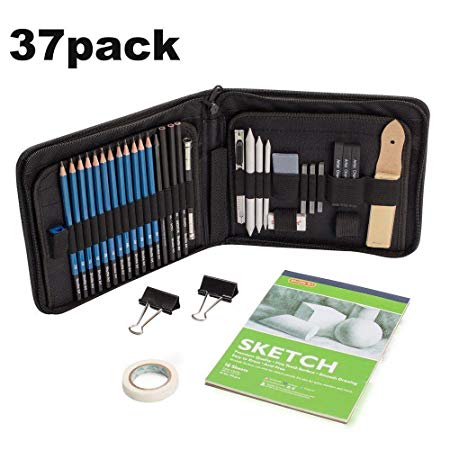 Sketching and Drawing Pencils Set, 37-Piece Professional Sketch Pencils Set in Zipper Carry Case, Art Supplies Drawing Set with Graphite Charcoal Sticks Tool Sketch book for Adults Kids by Shuttle Art