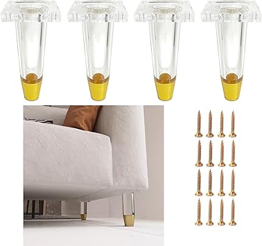 Clear Acrylic Furniture Legs, Lucite Sofa Legs,Cabinet Feet,Support Legs for Sofa,Decorative Furniture Feet,4inch Clear Gold End,with Screws,Set of 4