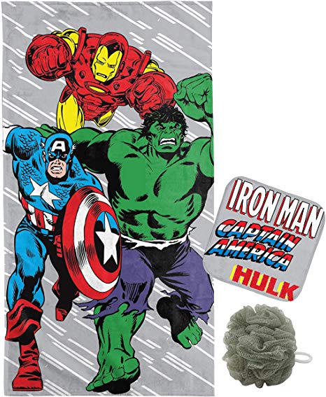 Jay Franco Marvel Avengers Kids Bath/Beach/Spa Bath/Wash Set - Featuring Towel,Washcloth and Loofa - Super Soft & Absorbent Fade Resistant Cotton Towel (Official Marvel Product)