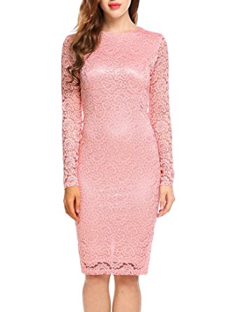 ACEVOG Women Elegant Floral Lace Long Sleeve Bodycon Cocktail Pencil Dress