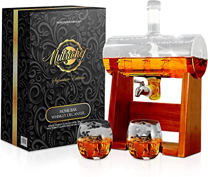 Glass Whiskey Decanter with Glasses -1100ml Barrel Whiskey Carafe Alcohol Decanter Set, Lead Free Decanter w/ Spigot, Stopper & Base, For Brandy Wine Cognac Rum Gin Scotch Bourbon - NutriChef