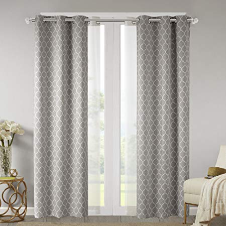 Comfort Spaces - Windsor Grey Ogee Printed Window Curtain (2 Panels) with Voile Sheer (2 Panels) - 42x108 inch Panel - Blackout Room Darkening - Grommet Top