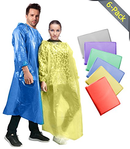Rain Poncho: 6 Pack Emergency Disposable Waterproof Rain Coat Ponchos For Adults Men Women Teens Kids | Drawstring Hood, Elastic Sleeve | 30% Thicker Material