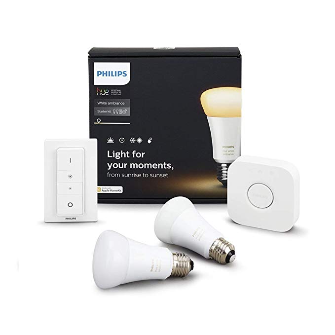 Philips Hue White Ambiance Smart Light Bulb Starter Kit (2 A19 Bulbs, 1 Bridge, and 1 Dimmer Switch, Compatible with Alexa, Apple HomeKit, and Google Assistant) (Certified Refurbished)