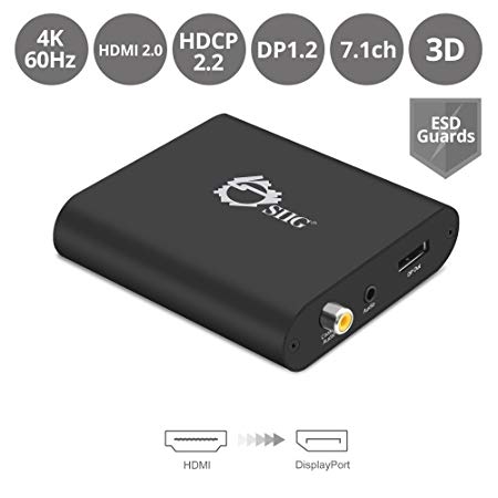 SIIG HDMI 2.0 to DisplayPort 1.2 Converter 4K@60Hz 4:4:4 HDMI to DP, 18Gbps | HDCP 2.2 | EDID, Audio Extraction to Stereo & RCA, Firmware Upgradeable | Only 1080p for Nvidia G-Sync Monitors
