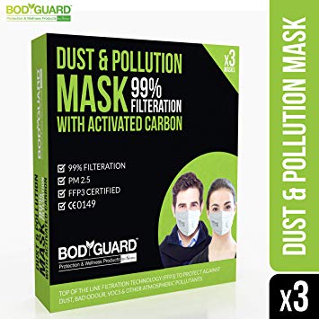 BodyGuard PM 2.5 Anti Dust & Pollution Face Mask with Exhalation Valve, Upto 99% FFP3 Level Filtration Technology with Activated Carbon for Men and Women - Pack of 3