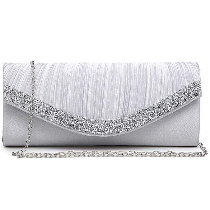 Dasein Women's Satin Pleated Evening Bags Rhinestone Accented Flap Clutch Purses with Silver Chain Strap