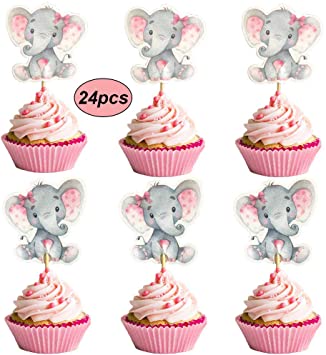 Double Sided Pink Elephant Cupcake Toppers It Is A Girl Baby Shower Cupcake Picks Decoration Baby Girl Birthday Party Supplies,Set of 24