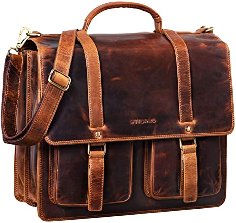 STILORD 'Fernando' Leather Teacher Briefcase Vintage XL Satchel for Men Women Business Shoulder Bag Laptop Bag Trolley Attachable, Colour:Kara - Cognac