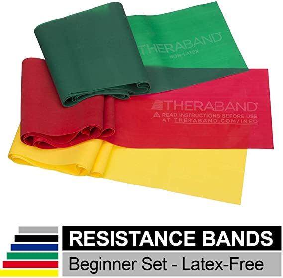 TheraBand Resistance Bands Set, Professional Non-Latex Elastic Band For Upper & Lower Body Exercise, Strength Training without Weights, Physical Therapy, Pilates, Rehab, Yellow & Red & Green, Beginner