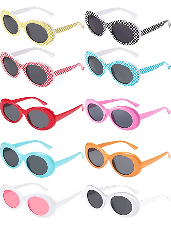 Zhanmai 10 Pieces Retro Clout Oval Goggles Mod Thick Frame Kurt Round Lens Sunglasses 10 Colors Women Men Girl Boy Sunglasses