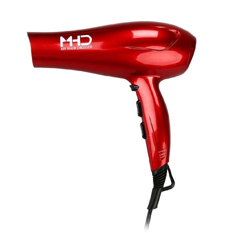 MHD Professional Salon Hair Dryer Negative Ionic 1875W DC Motor Blow Dryer with Styling Concentrator Nozzle and Diffuser 2 Speeds 3 Heat Settings Cold Shot Button ( Red)