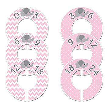 Pink Elephant Baby Girl Nursery Clothing Size Dividers Set of 6 (1.25 Inch Rod)