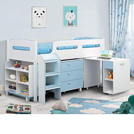 Happy Beds Kimbo White And Sky Blue Finished Sleep Station Childrens Kids Bunk Bed 3' Single With Orthopaedic Mattress