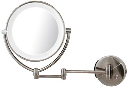 Ovente MLW45BR 9.5 inch LED Lighted Wall Mount Makeup Mirror, 1x/10x Magnification, Nickel Brushed