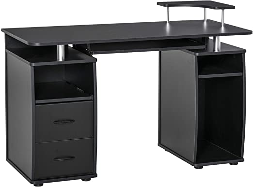 HOMCOM Mesa de Ordenador PC Mesa Escritorio con Múltiples Estantes Bandeja de Teclado Soporte CPU y 2 Cajones para Oficina 120x55x85 cm Negro