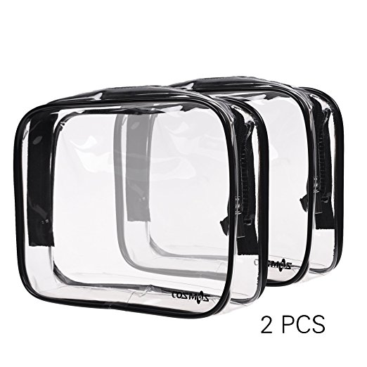 Cosmos 2 Pack Clear PVC Vinyl Zippered Luggage Toiletry Carry Pouch Travel Cosmetic Makeup Bag Clear Bag (Clear/Black)